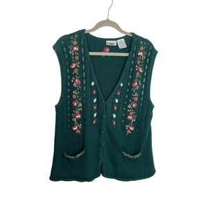 Capacity Large VTG Grandma Sweater Vest Floral Embroidered Cottagecore Green